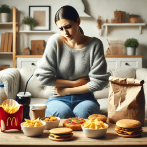 woman with a bloated stomach surrounded by fast food, highlighting the discomfort from poor food choices