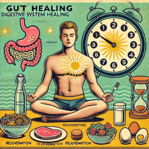 A man meditating with a glowing heart, representing gut healing and rejuvenation through fasting