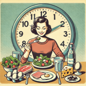 A woman enjoying a nutritious meal with salad, cheese, eggs and meat symbolizing healthy eating and fasting