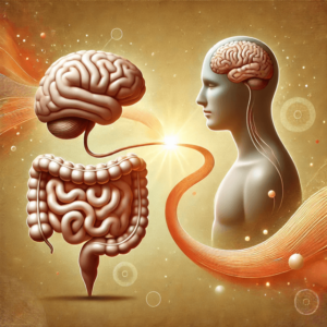 A brain and gut connected by a flowing ribbon, symbolizing the gut-brain axis